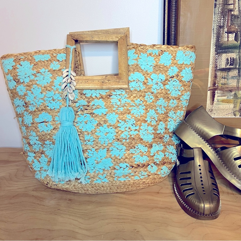Aqua Painted-Design Woven Jute Beach Bag NWOT